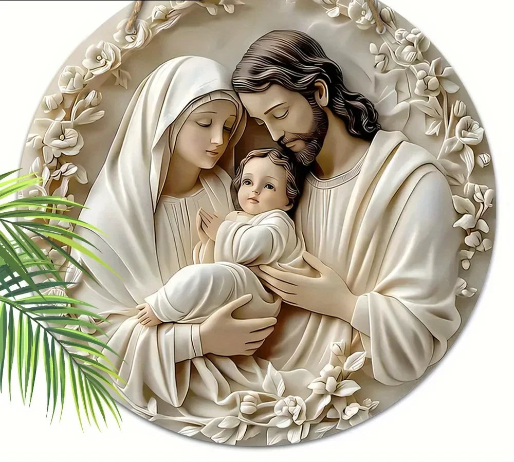 1/2pcs 2D Baptism Pray Faith Theme Family Wooden 7.9Inch/20cm Round Hanging Sign Wall or Door Decor Wall Art, Outdoor Courtyard